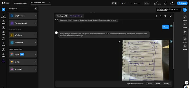 Hand-drawn sketch uploaded in Uizard tool