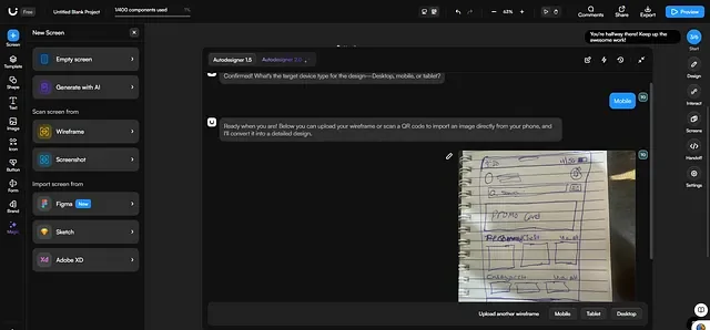 Hand-drawn sketch uploaded in Uizard tool